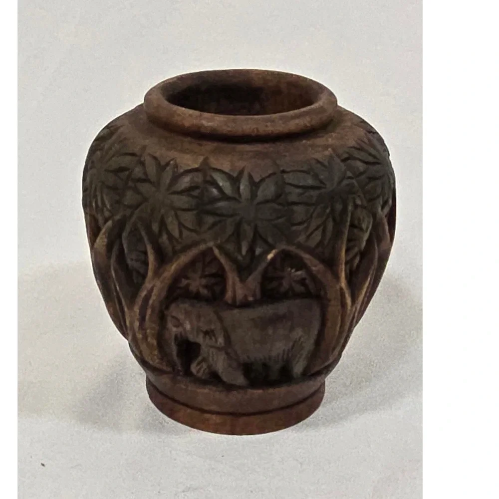 Vtg 1970s hand Carved Wooden Vessel Bowl Vase Elephants safari‎ jungle African